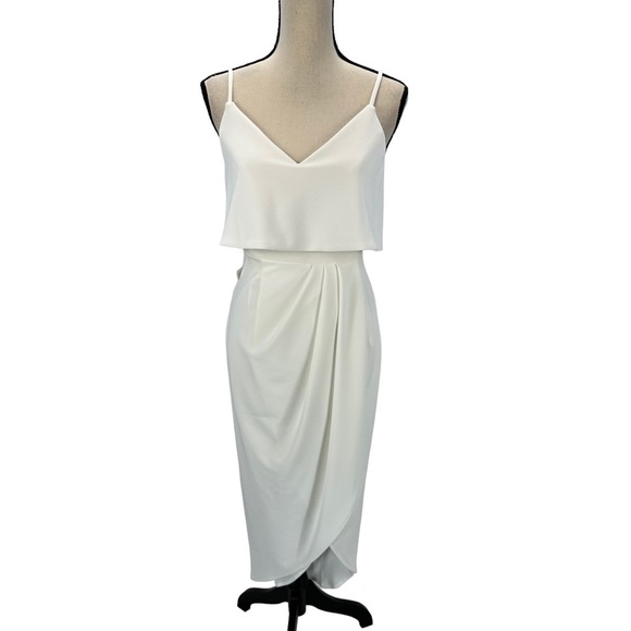 XSCAPE V Neck Crepe Popover Sleeveless Faux Wrap Gown Maxi Dress